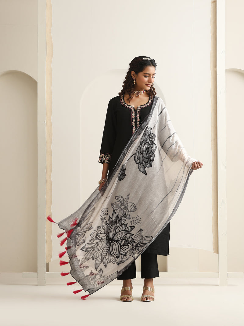 Khushal K Women Pure Silk black Embroidered Kurta & Palazzo With Dupatta