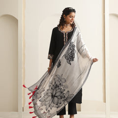 Khushal K Women Pure Silk black Embroidered Kurta & Palazzo With Dupatta
