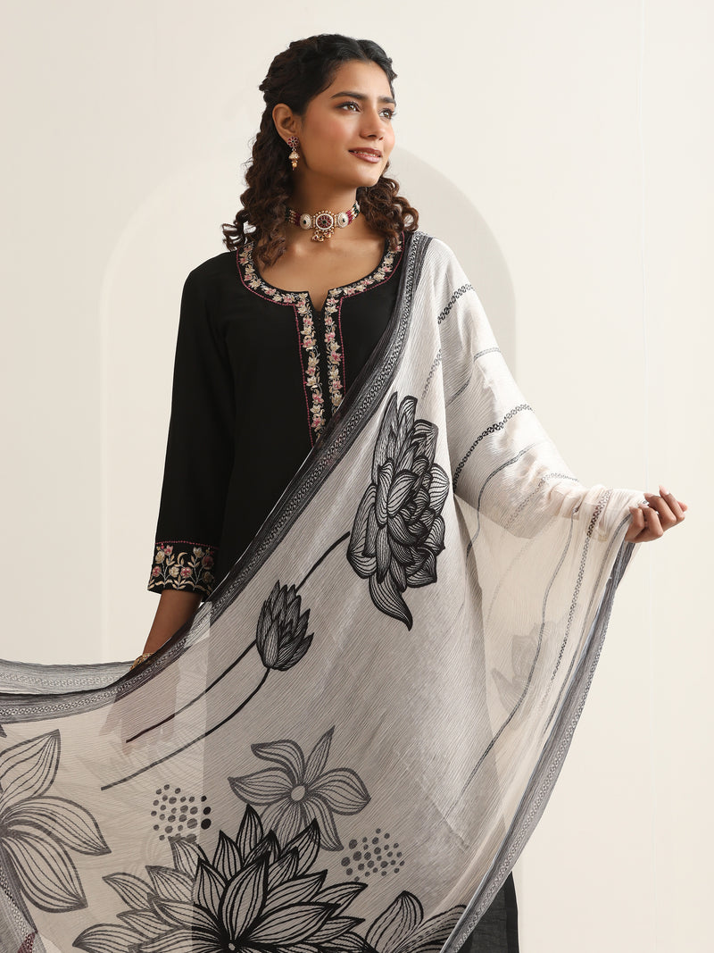 Khushal K Women Pure Silk black Embroidered Kurta & Palazzo With Dupatta