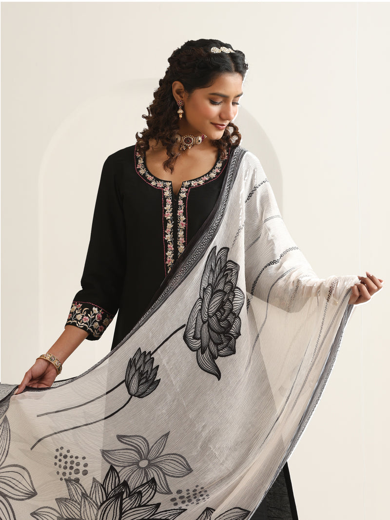 Khushal K Women Pure Silk black Embroidered Kurta & Palazzo With Dupatta