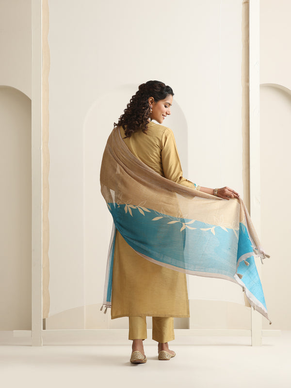 Khushal K Women Pure Silk yellow Embroidered Kurta & Palazzo With Dupatta