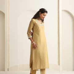 Khushal K Women Pure Silk yellow Embroidered Kurta & Palazzo With Dupatta