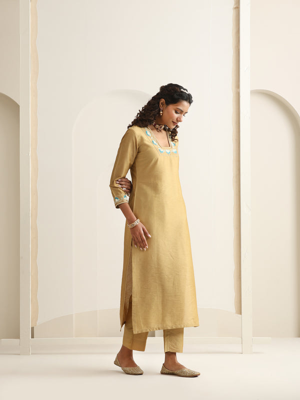 Khushal K Women Pure Silk yellow Embroidered Kurta & Palazzo With Dupatta