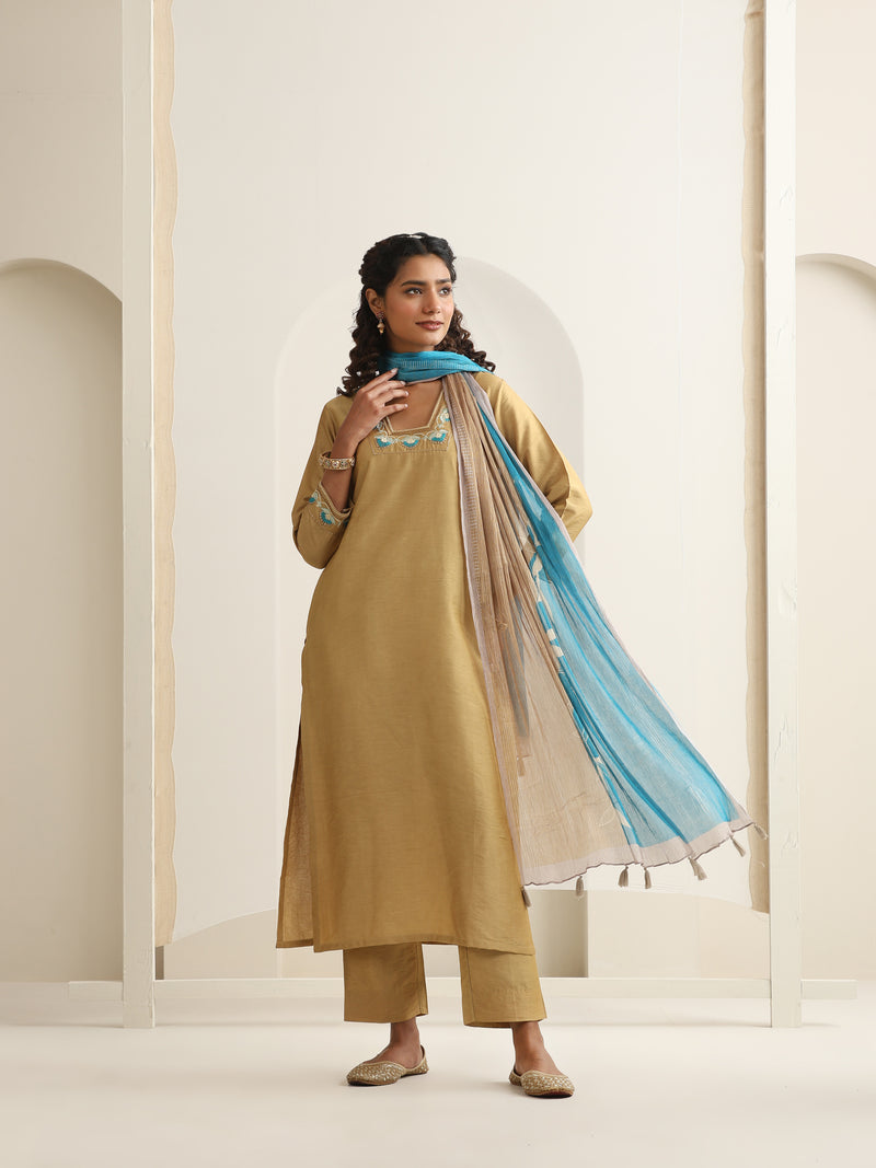 Khushal K Women Pure Silk yellow Embroidered Kurta & Palazzo With Dupatta