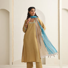 Khushal K Women Pure Silk yellow Embroidered Kurta & Palazzo With Dupatta