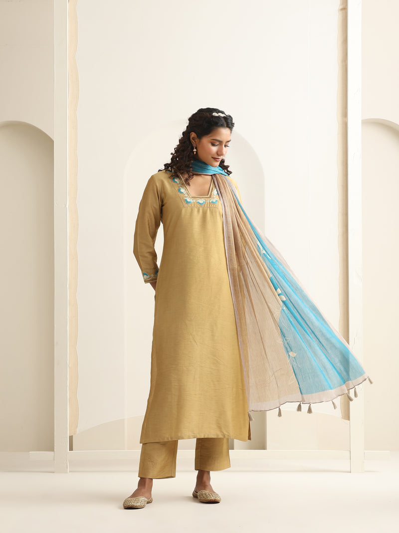 Khushal K Women Pure Silk yellow Embroidered Kurta & Palazzo With Dupatta