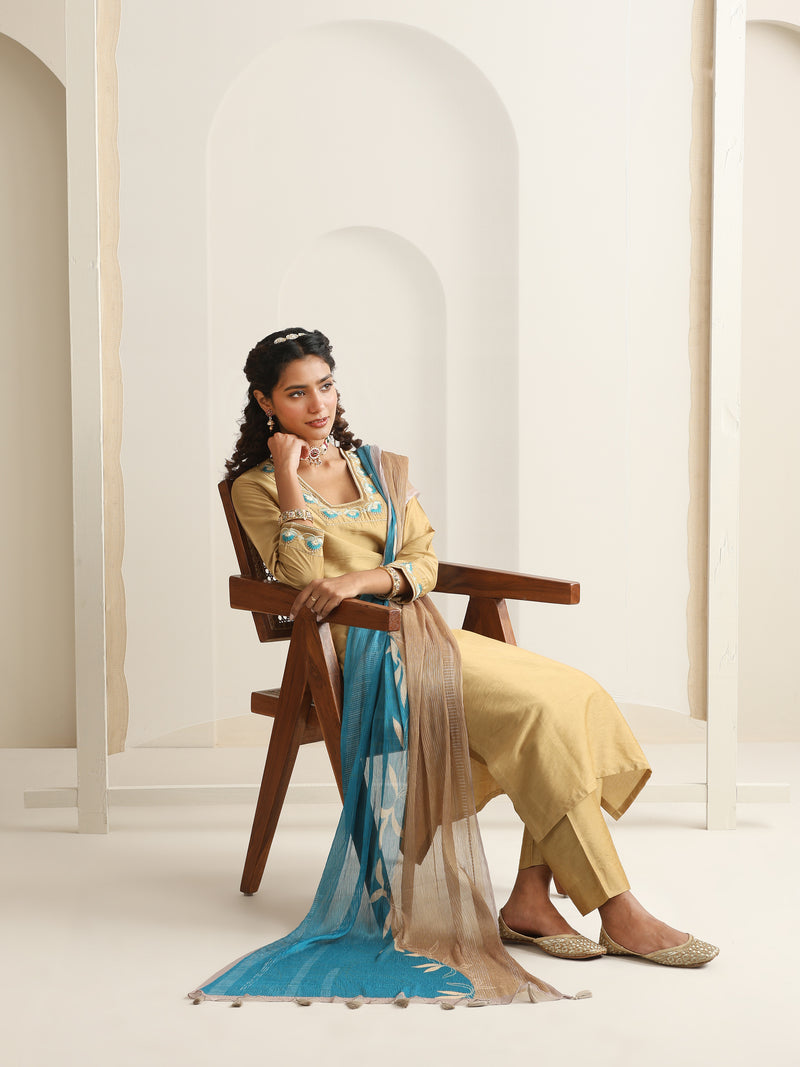 Khushal K Women Pure Silk yellow Embroidered Kurta & Palazzo With Dupatta