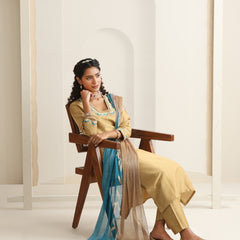 Khushal K Women Pure Silk yellow Embroidered Kurta & Palazzo With Dupatta