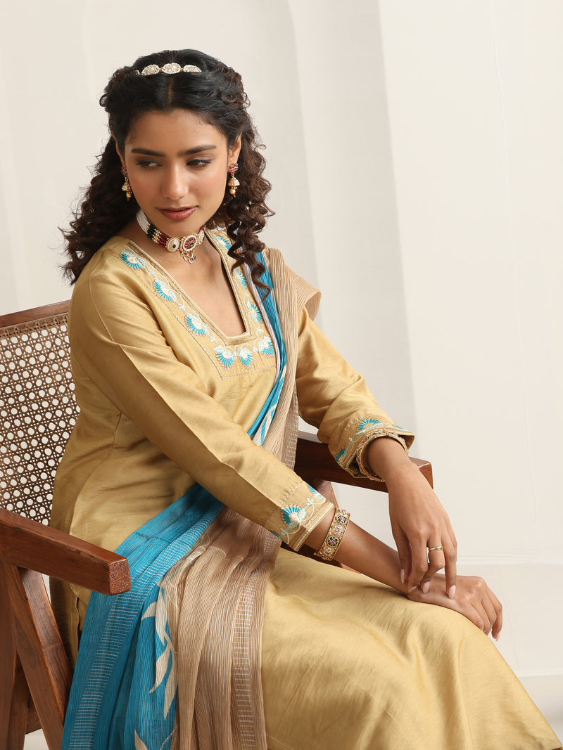 Khushal K Women Pure Silk yellow Embroidered Kurta & Palazzo With Dupatta