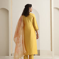 Khushal K Women Pure Silk yellow Embroidered Kurta & Palazzo With Dupatta
