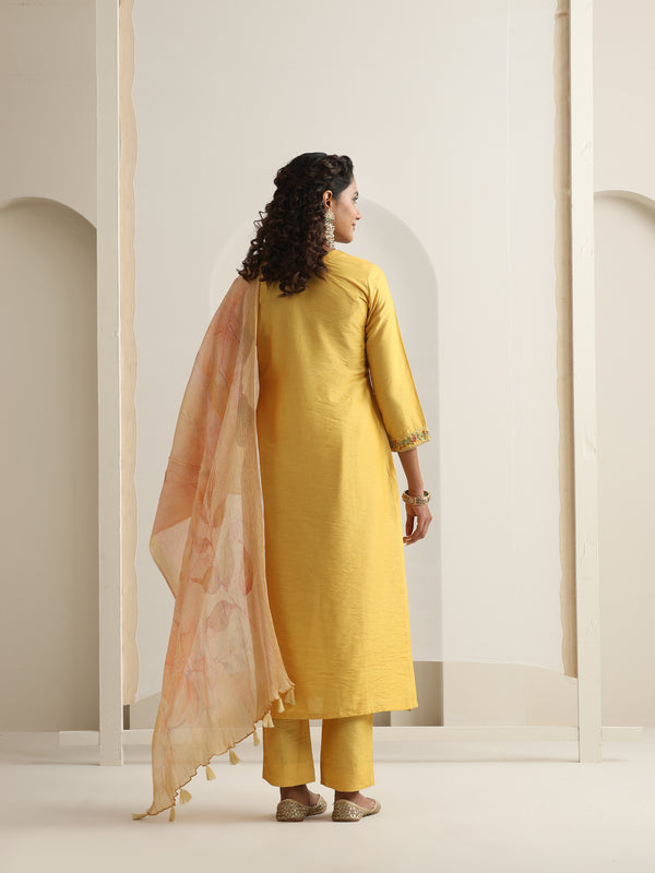 Khushal K Women Pure Silk yellow Embroidered Kurta & Palazzo With Dupatta