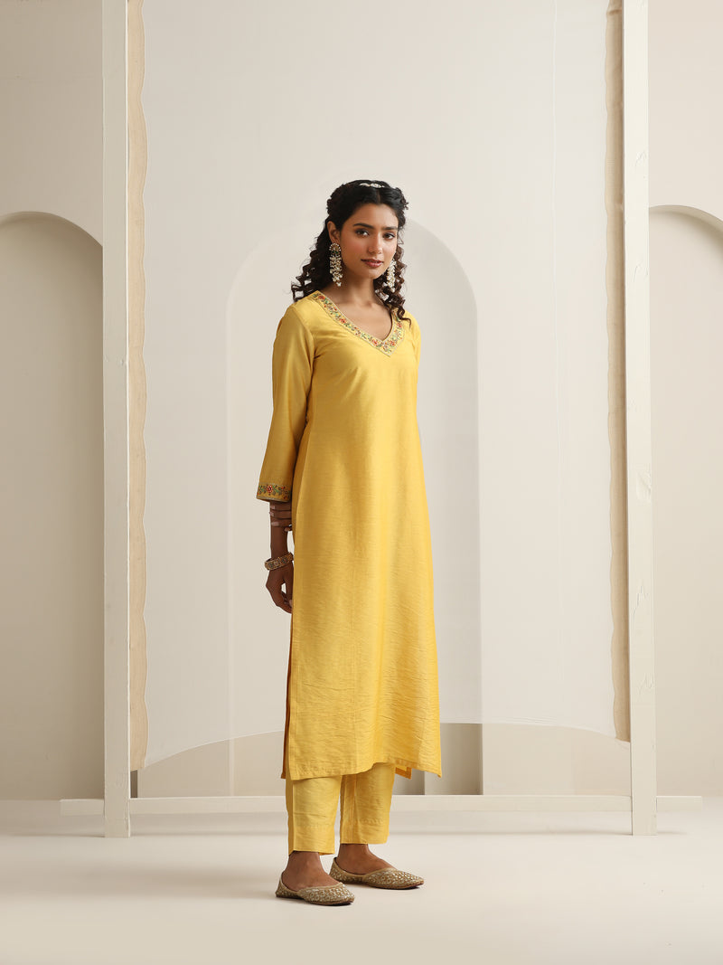 Khushal K Women Pure Silk yellow Embroidered Kurta & Palazzo With Dupatta
