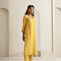 Khushal K Women Pure Silk yellow Embroidered Kurta & Palazzo With Dupatta