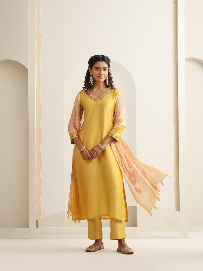 Khushal K Women Pure Silk yellow Embroidered Kurta & Palazzo With Dupatta