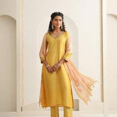 Khushal K Women Pure Silk yellow Embroidered Kurta & Palazzo With Dupatta