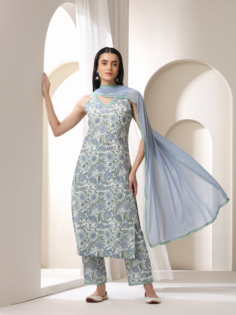 Women Floral Printed Regular Pure Cotton Kurta with Palazzos & With Dupatta