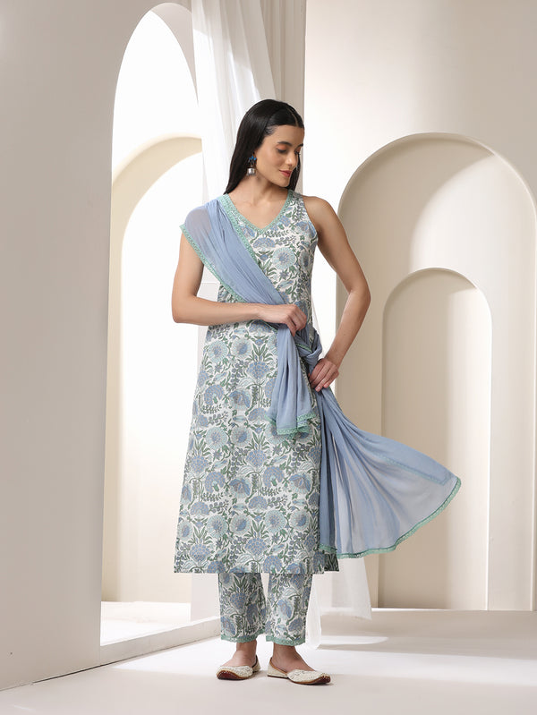 Women Floral Printed Regular Pure Cotton Kurta with Palazzos & With Dupatta