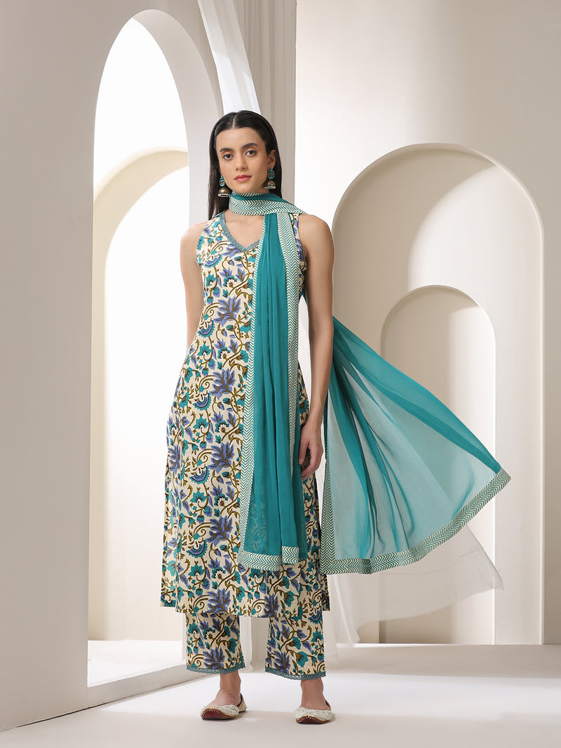 Khushal K Women Floral Printed Cotton Kurta with Trousers & Dupatta