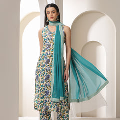 Khushal K Women Floral Printed Cotton Kurta with Trousers & Dupatta