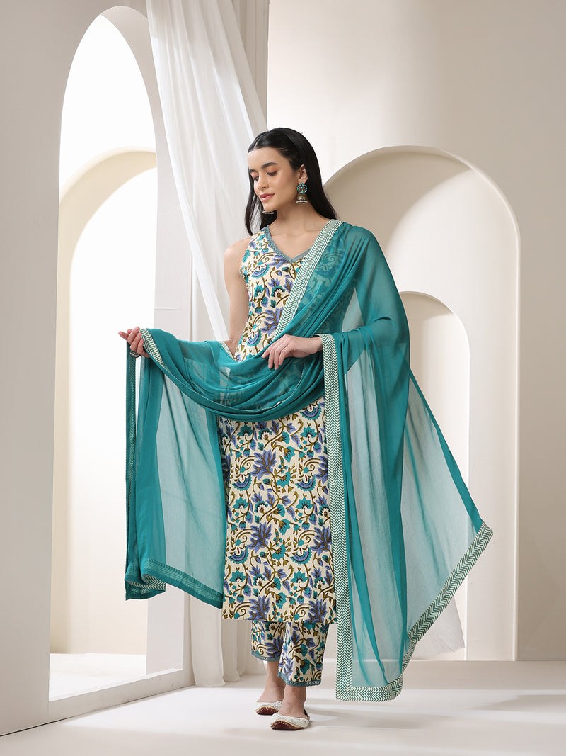 Khushal K Women Floral Printed Cotton Kurta with Trousers & Dupatta