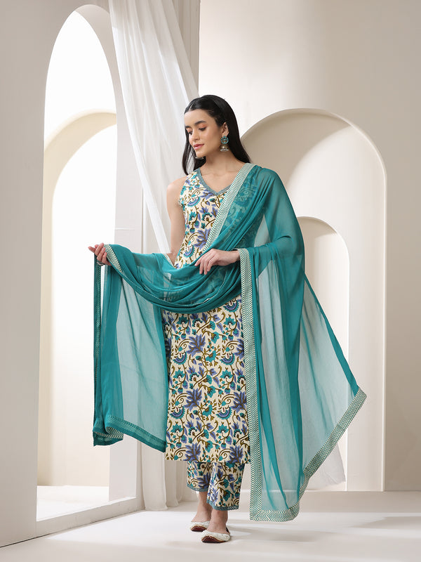 Khushal K Women Floral Printed Cotton Kurta with Trousers & Dupatta