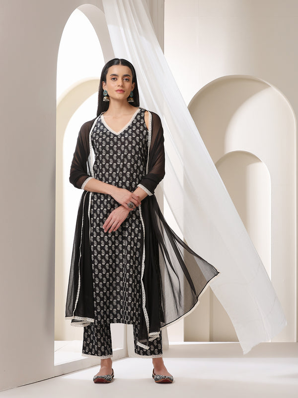 Women Floral Printed Regular Pure Cotton Kurta with Palazzos & With Dupatta
