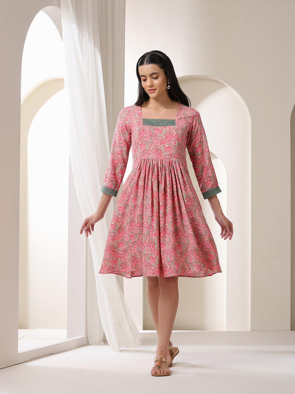 Tribal Printed Square Neck Fit & Flare Dress