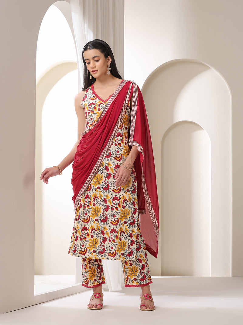 Khushal K Floral Printed V-Neck Pure Cotton Straight Kurta set