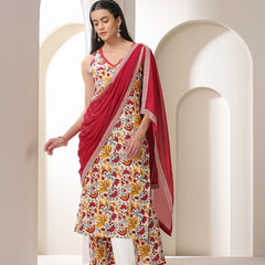 Khushal K Floral Printed V-Neck Pure Cotton Straight Kurta set