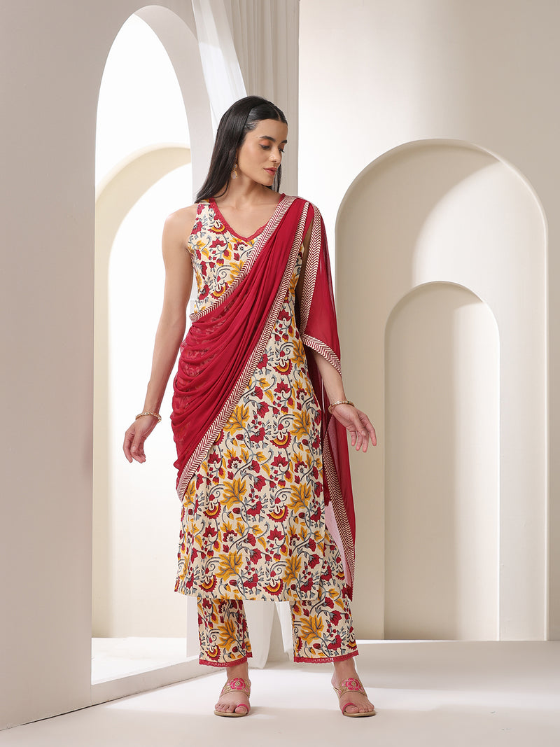 Khushal K Floral Printed V-Neck Pure Cotton Straight Kurta set