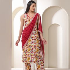 Khushal K Floral Printed V-Neck Pure Cotton Straight Kurta set