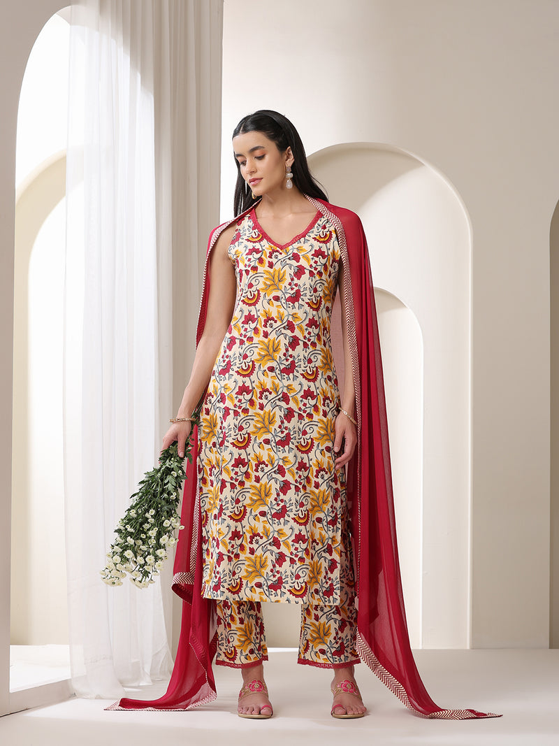 Khushal K Floral Printed V-Neck Pure Cotton Straight Kurta set