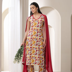 Khushal K Floral Printed V-Neck Pure Cotton Straight Kurta set