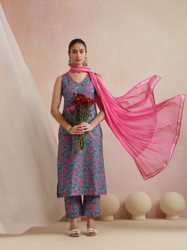 Khushal K Women Cotton Kurta Palazzo Dupatta Set - Blue