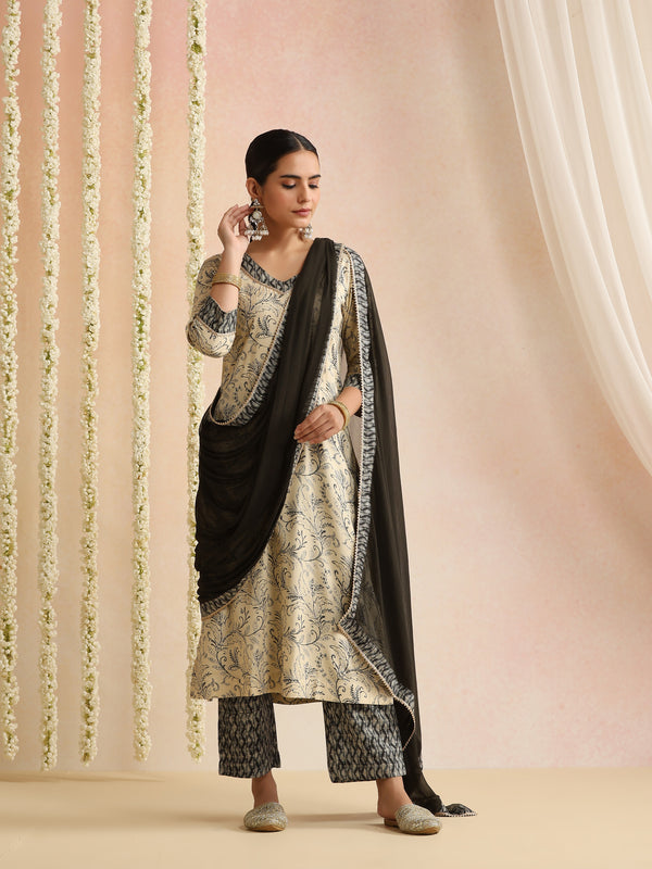 Cream & Black Ethnic Motif Kurta Set