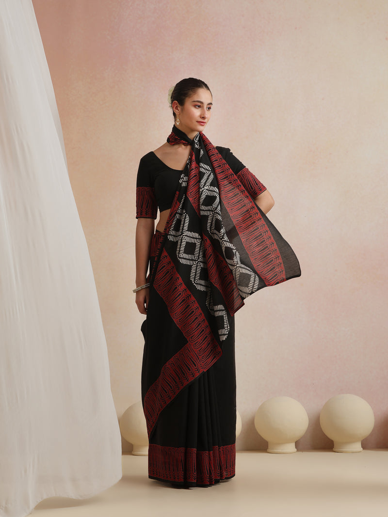 Women Hand Block Black Pure Cotton Printed Saree