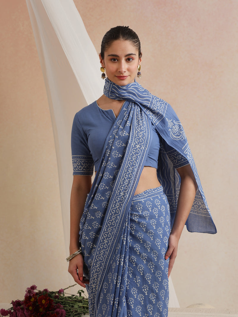 Women Hand Block Blue Pure Cotton Printed Saree