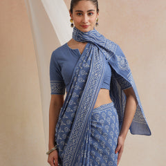 Women Hand Block Blue Pure Cotton Printed Saree