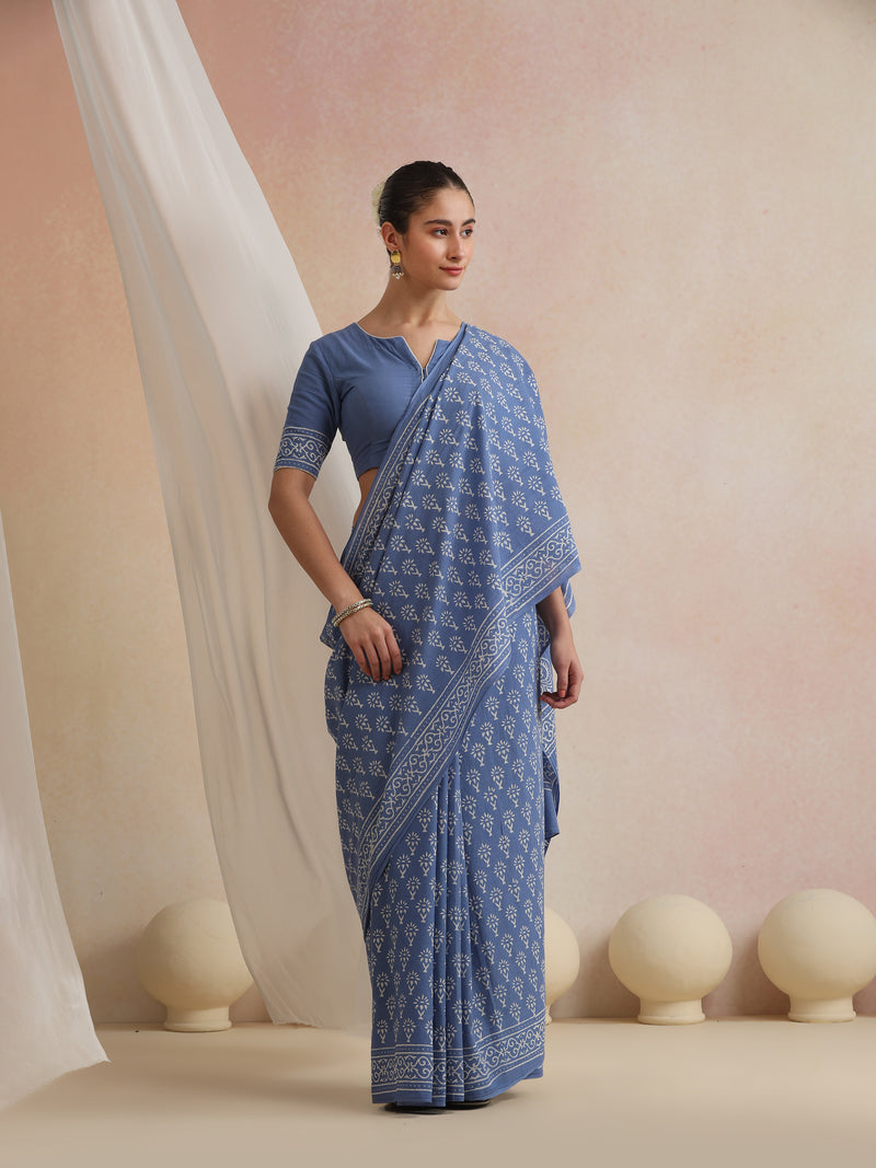 Women Hand Block Blue Pure Cotton Printed Saree