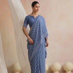 Women Hand Block Blue Pure Cotton Printed Saree