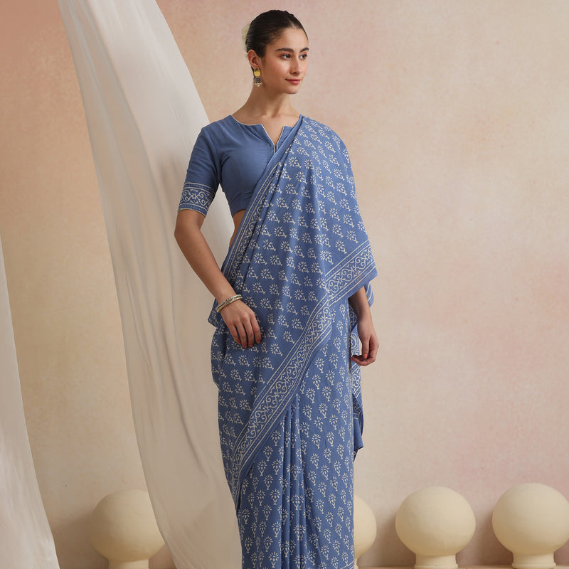 Women Hand Block Blue Pure Cotton Printed Saree - Khushal K - Image 9