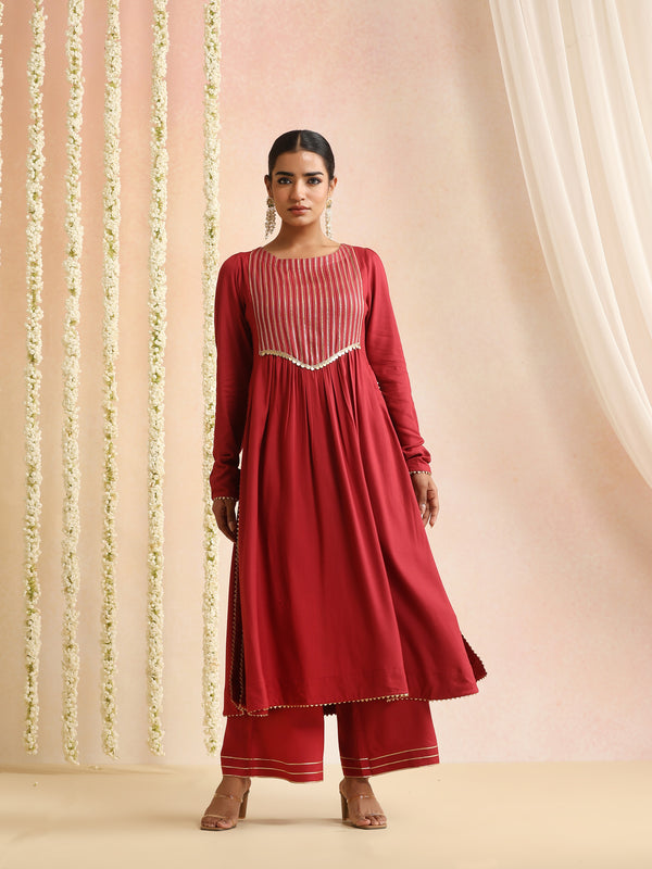 Ethnic Motifs Woven Design Thread Work A-Line Kurta With Palazzos
