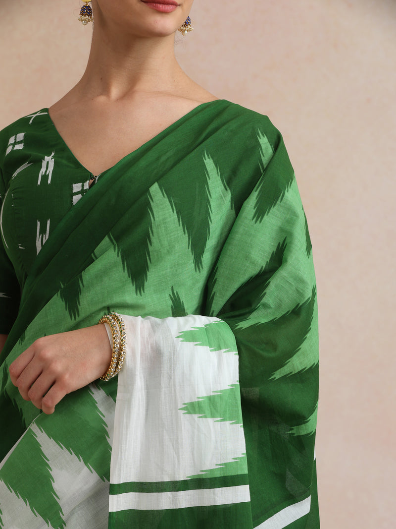 Women Hand Block Green Pure Cotton Printed Saree