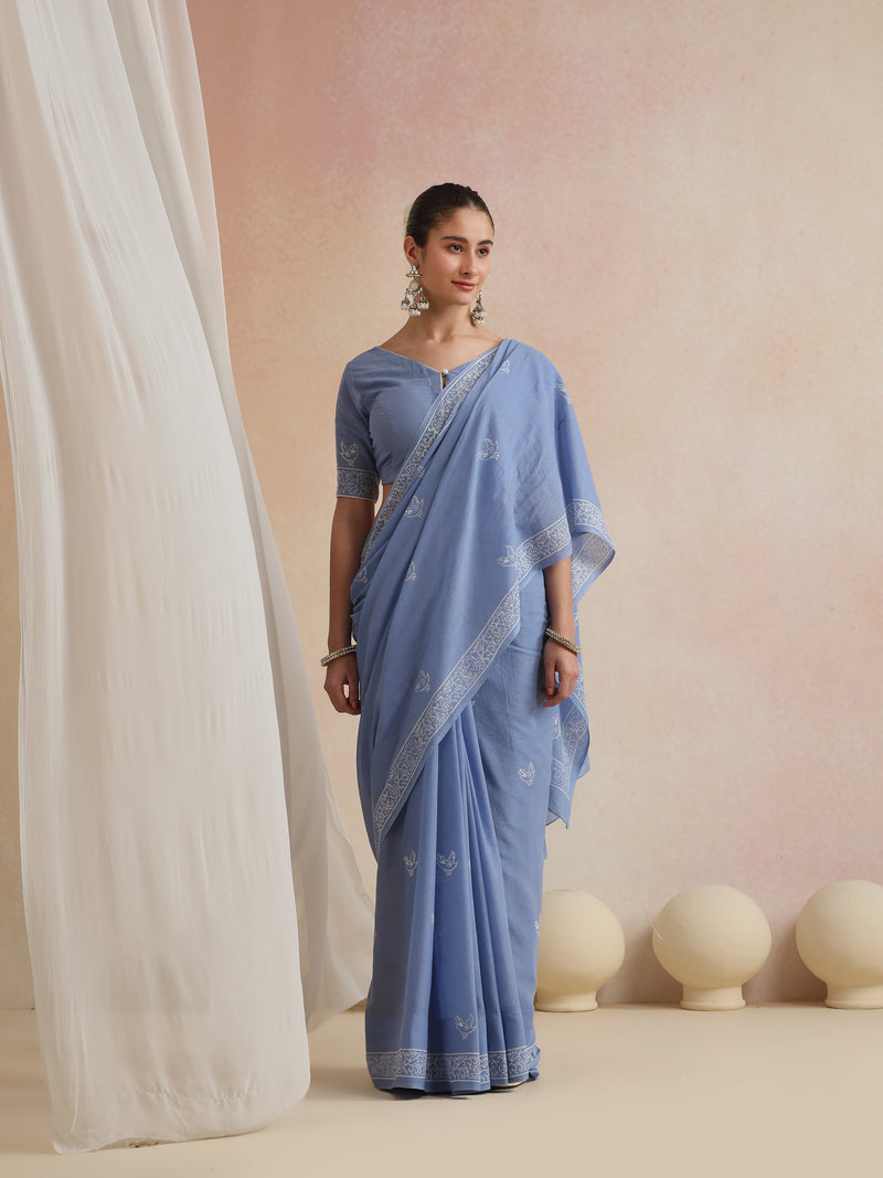 Women Hand Block Blue Pure Cotton Printed Saree