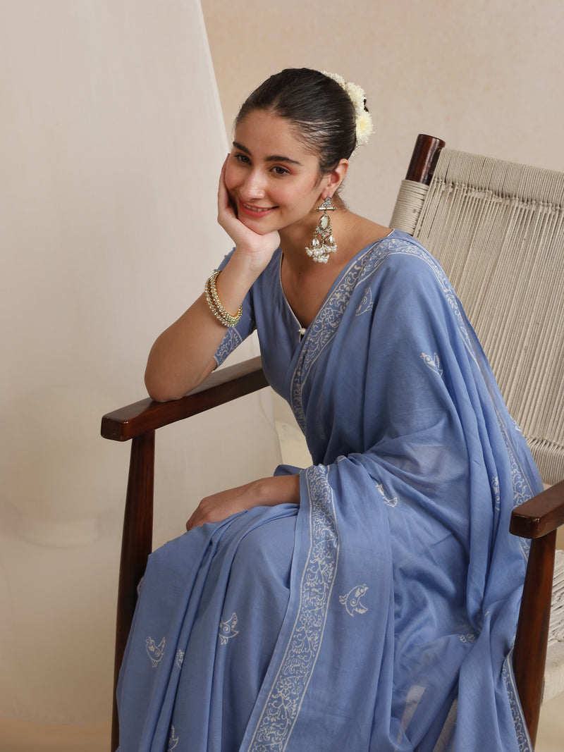 Women Hand Block Blue Pure Cotton Printed Saree