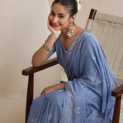 Women Hand Block Blue Pure Cotton Printed Saree