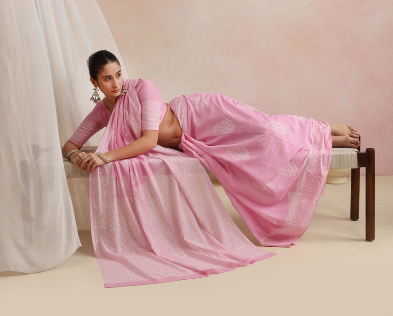 Women Hand Block Pink Pure Cotton Printed Saree
