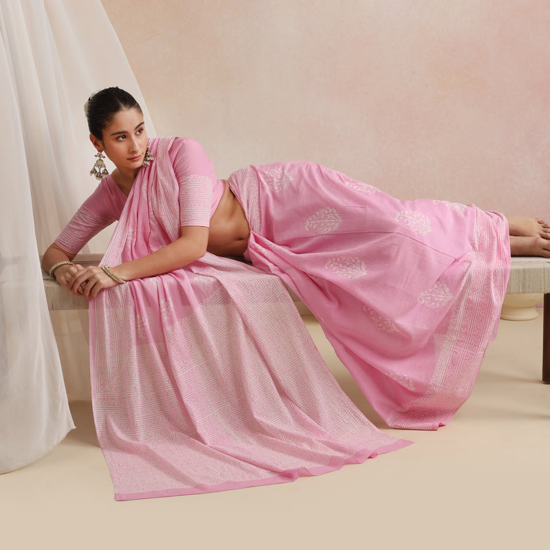 Women Hand Block Pink Pure Cotton Printed Saree - Khushal K - Image 9