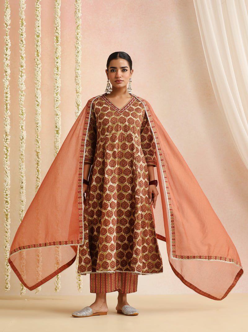 Women Ethnic Motifs Printed Cotton A-Line Kurta with Palazzos & Dupatta