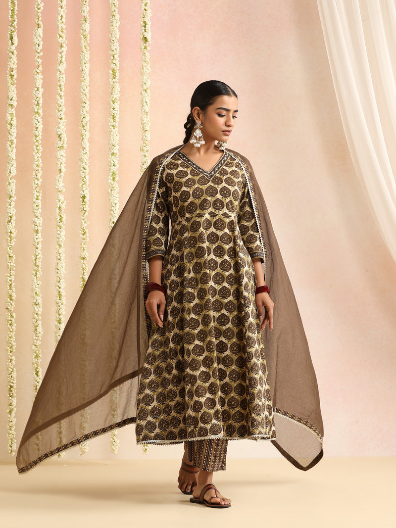 Women Ethnic Motifs Printed Pure Cotton Kurta & Trouser With Dupatta